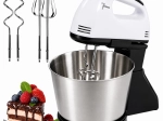 Mixer de mână de bucătărie cu suport și bol din inox, 7 viteze