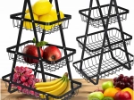 Coș de fructe metalic pe trei niveluri cu mâner din lemn, negru