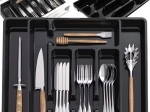 Organizator extensibil din plastic pentru tacâmuri, pentru sertarul din bucătărie
