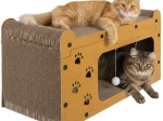 Ansamblu de zgâriere pentru pisici Purlov – căsuță pe niveluri din carton ondulat și HDF, 29,5 × 56 × 27 cm