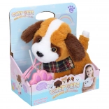 Câine de pluș care merge, cu efecte, pe cablu, 22 cm