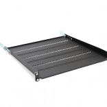 Poliță pentru rack 19" 1U, 483 × 450 mm, neagră, perforată cu reglaj și suport